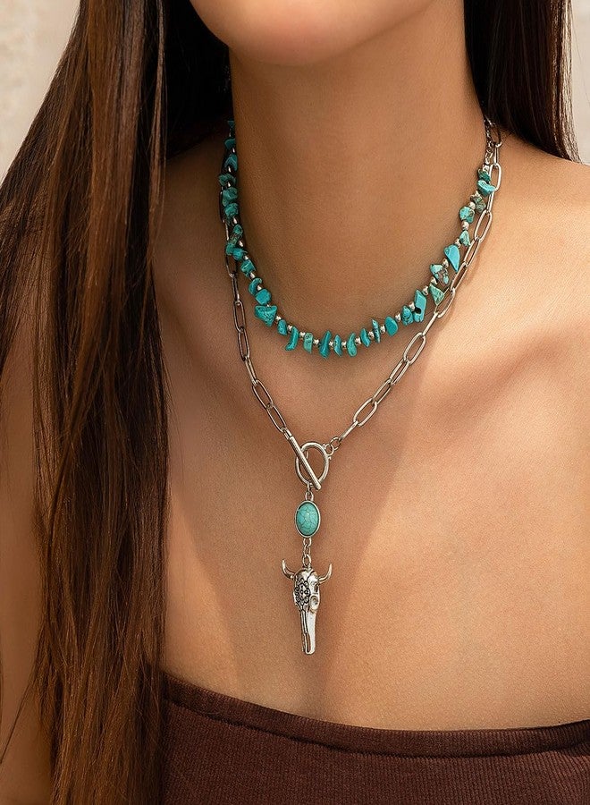 MarveBard Layered Western Necklace for Women Vintage Turquoise Beaded Choker Necklace Star Bull Head Shell Cactus Necklace Country Concert Cowgirl Dresses Jewelry Accessories (Ox-Head Paerclip Chain) - Image 2
